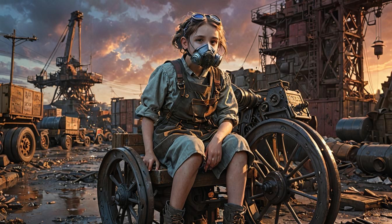 Dieselpunk Girl in Wheelchair at Industrial Port