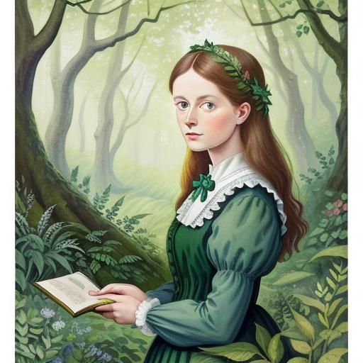 Victorian Girl in Forest: Gouache Storybook Illustration