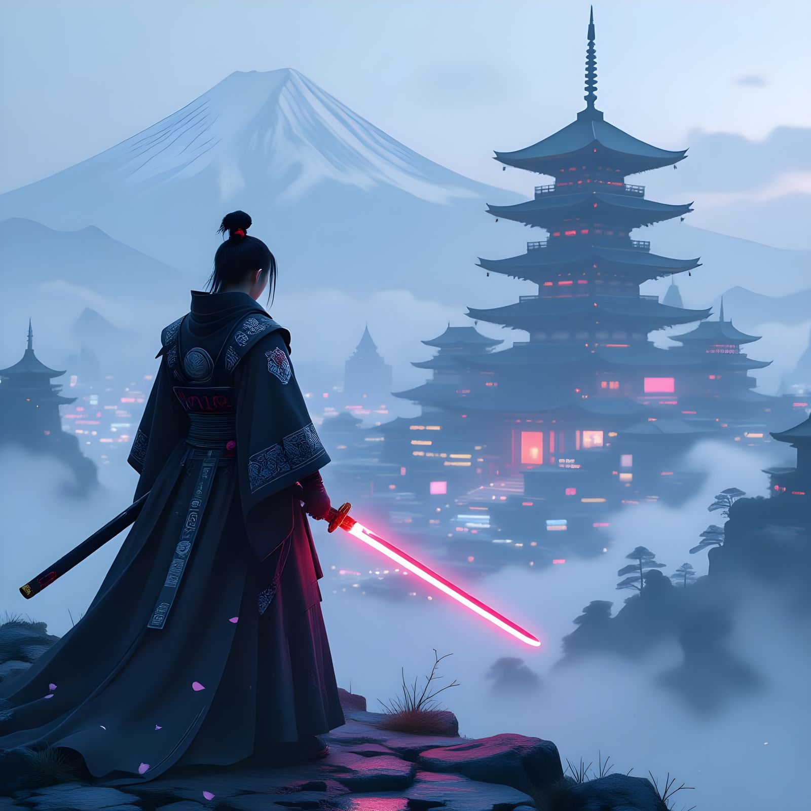 Cyberpunk Wizard Overlooking Neon Metropolis