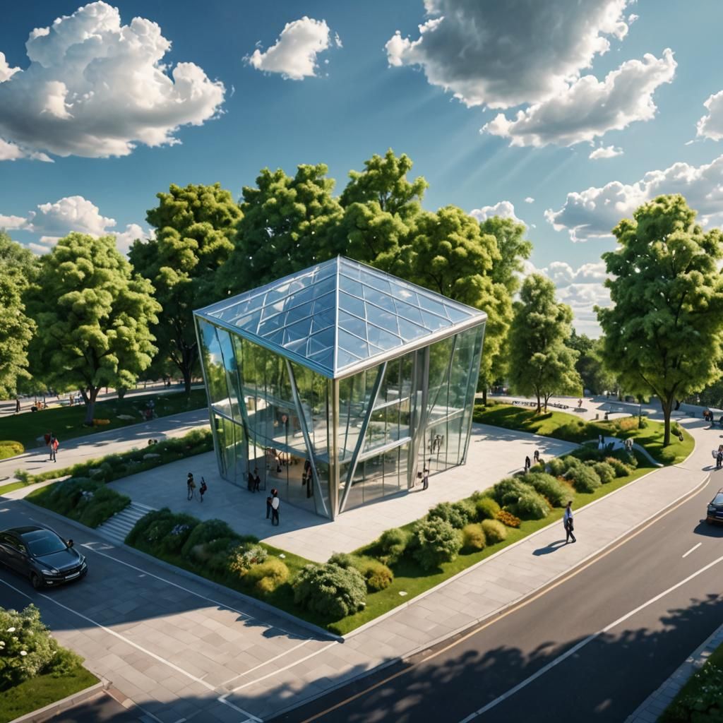 Hyperrealistic Exhibition Pavilion with Cars and People