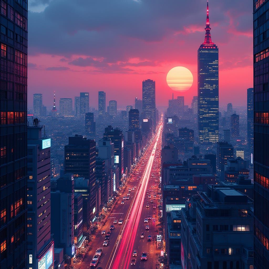 Tokyo Skyline at Dusk in Vibrant Futuristic Style