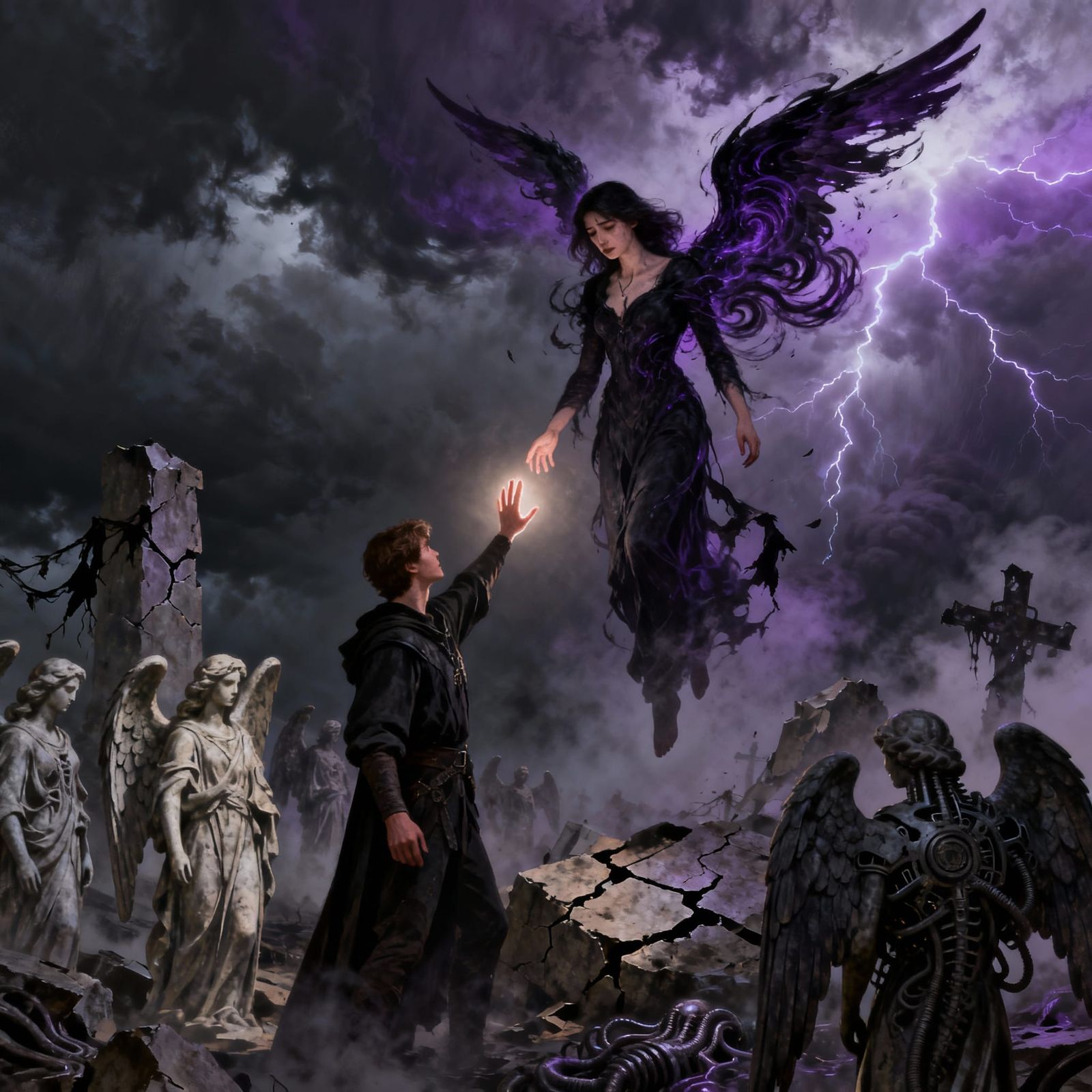 Dark Fantasy Digital Painting of Sad Woman and Light-Wieldin...