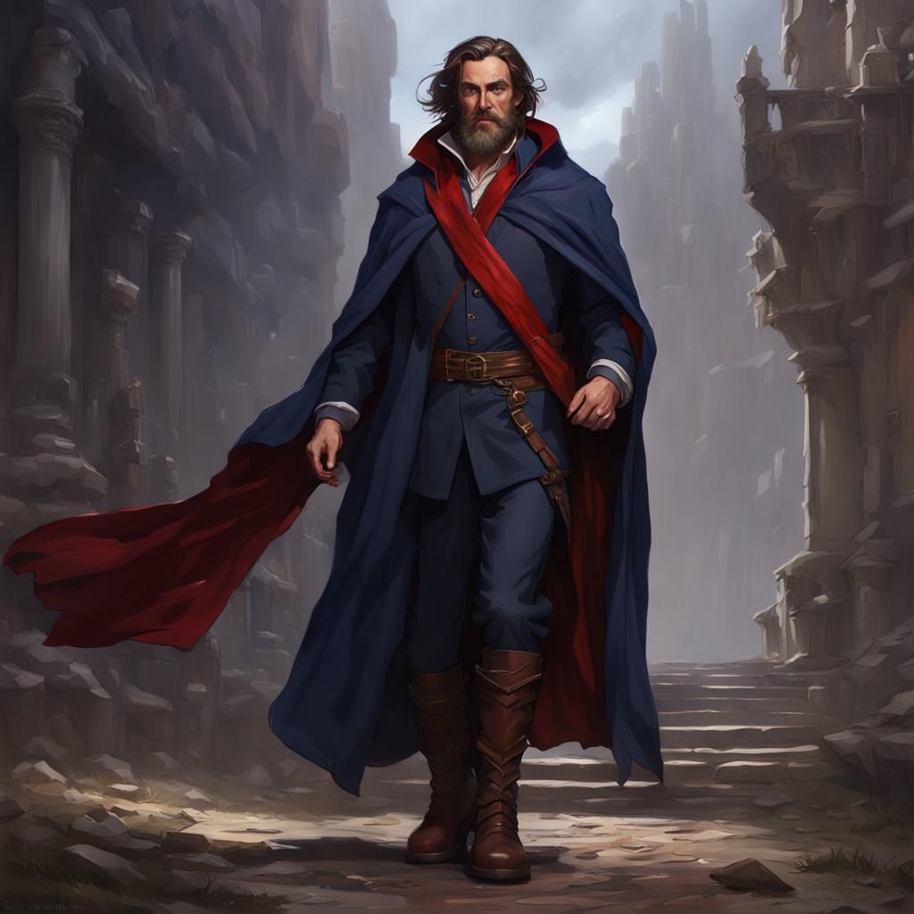 Fantasy Portrait of Windswept Man in Crimson and Blue