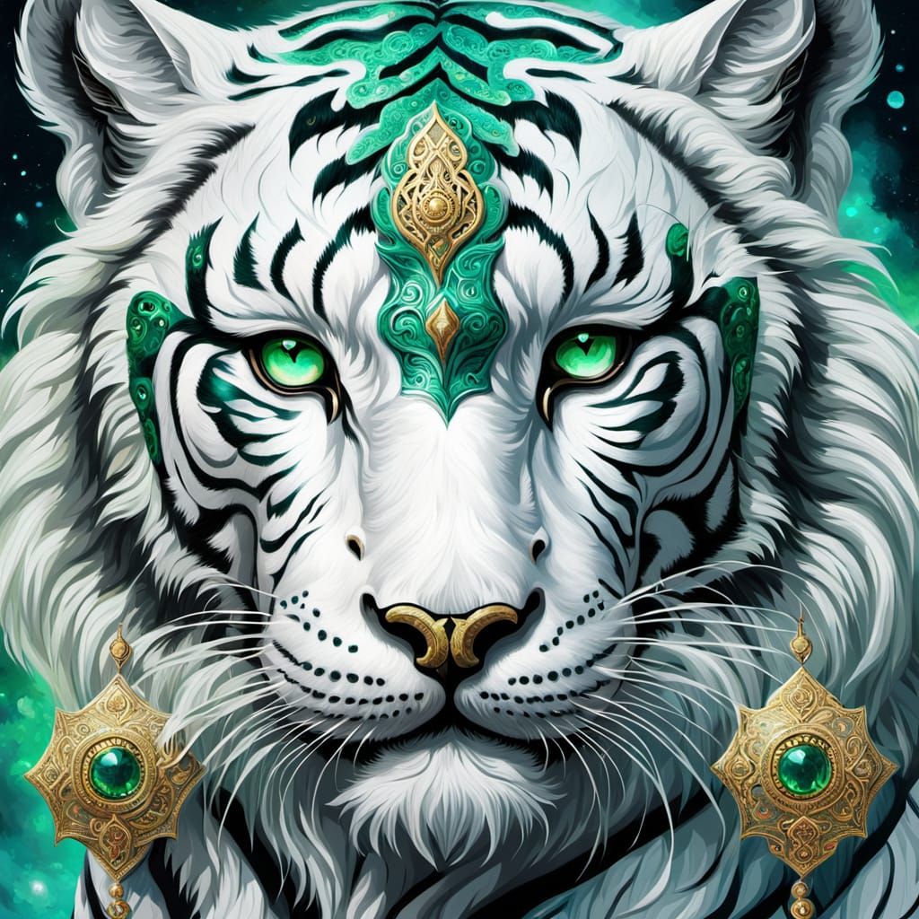 Celestial White Tiger with Emerald Eyes in Oil Painting