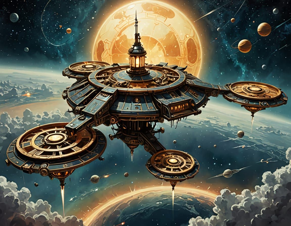 Steampunk Space Station Art Nouveau Digital Painting