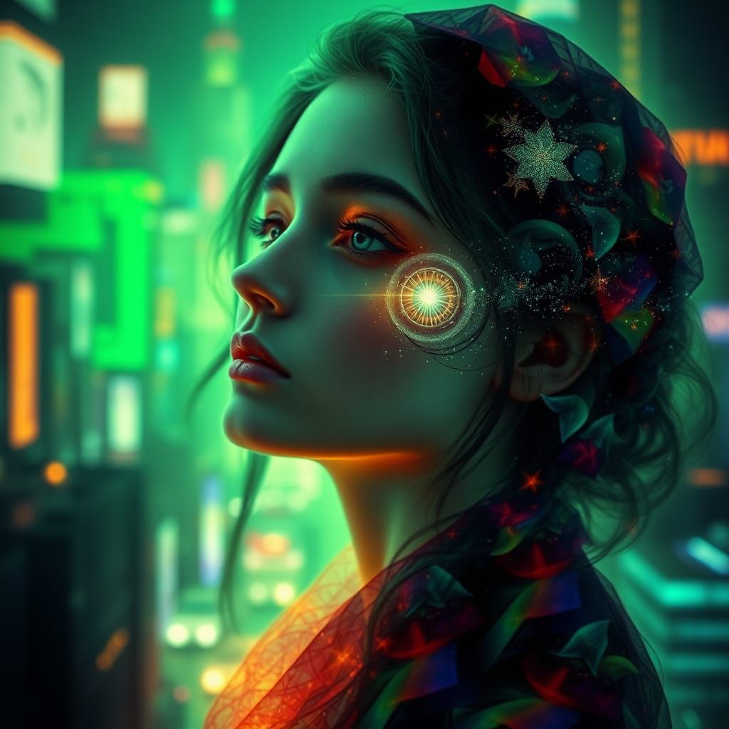 Mystical Woman in City Lights: Surreal Dreamlike Portrait
