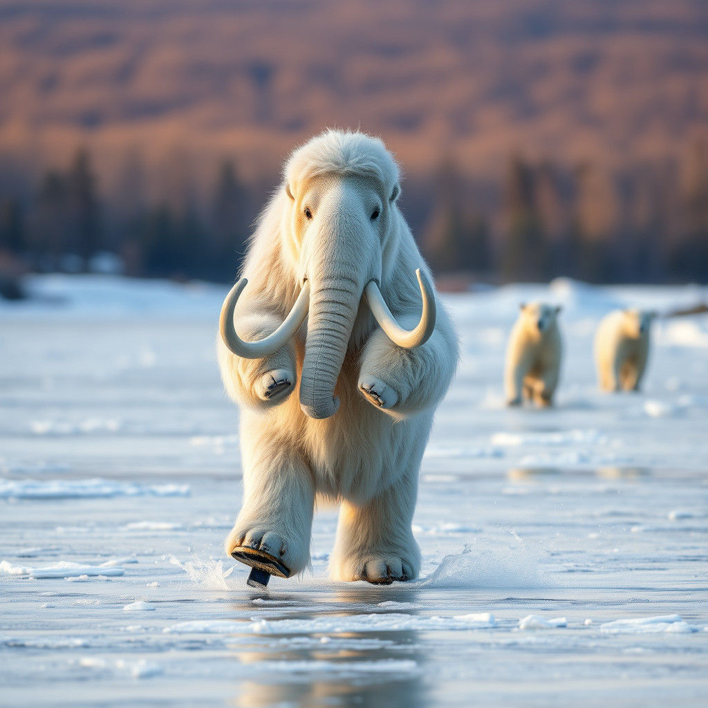 Woolly Mammoth Ice Skating on Frozen River