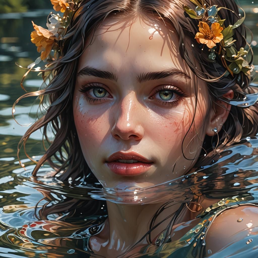 Young Girl Reflected in Lake Water: Hyperdetailed Portrait