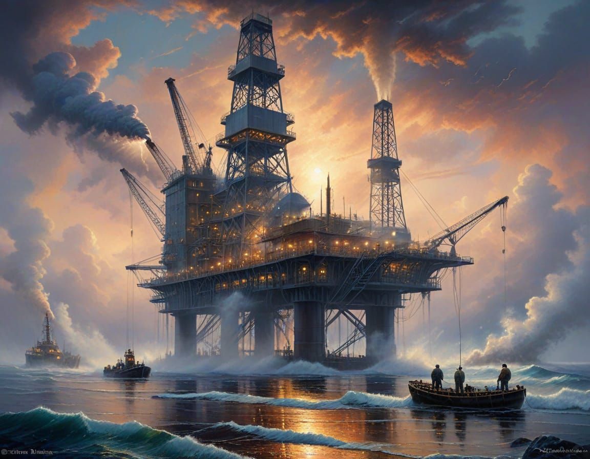 Men Working on an Oil Rig in Ethereal Mist
