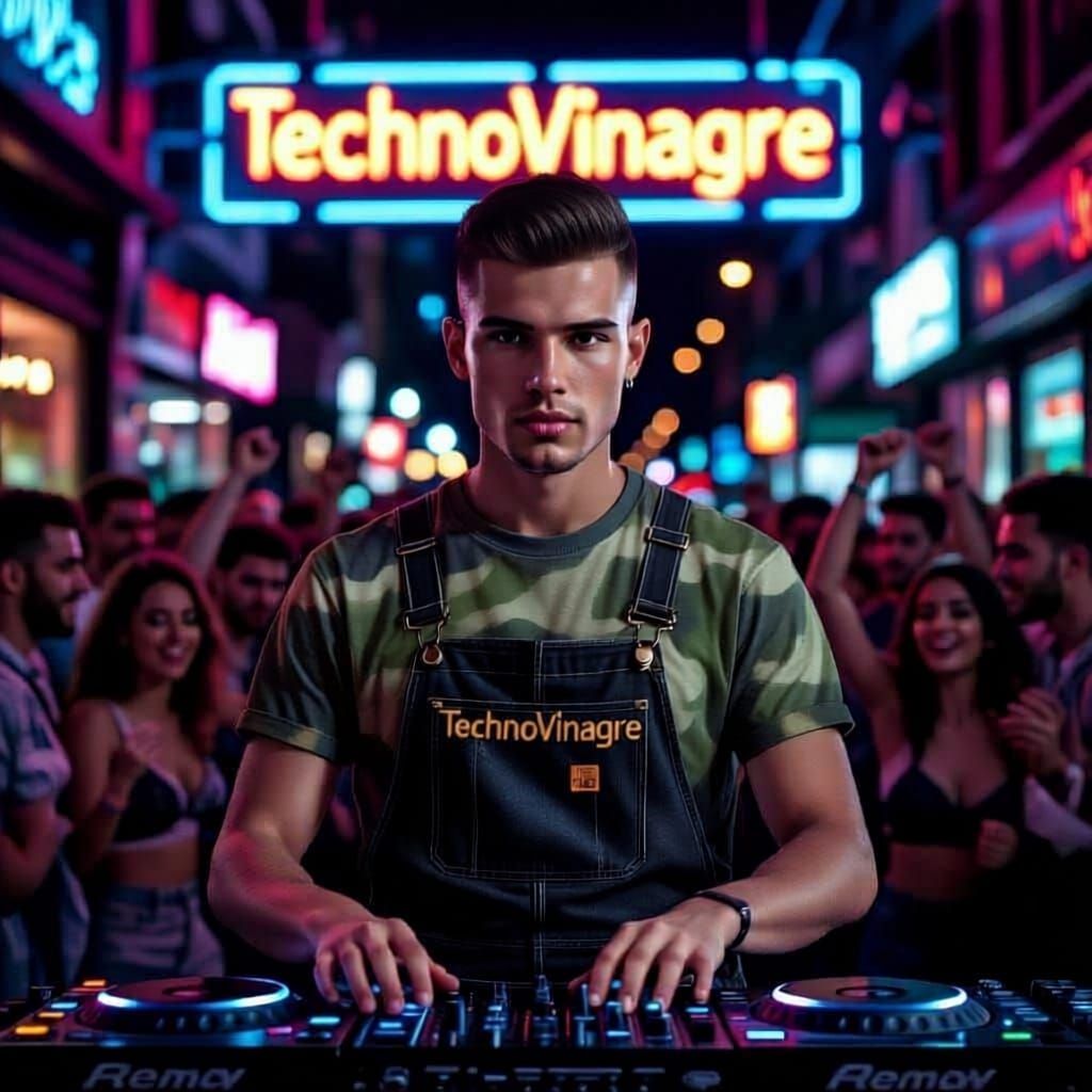 Man DJs at Night in Urban Street with Neon Lights