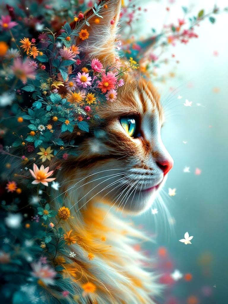 Fairy Portrait with Cat in Glitchcore Double Exposure