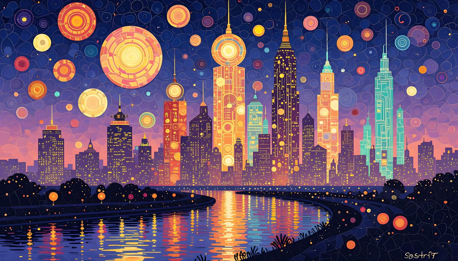 Neo-Impressionist Cityscape in Luminous Circles