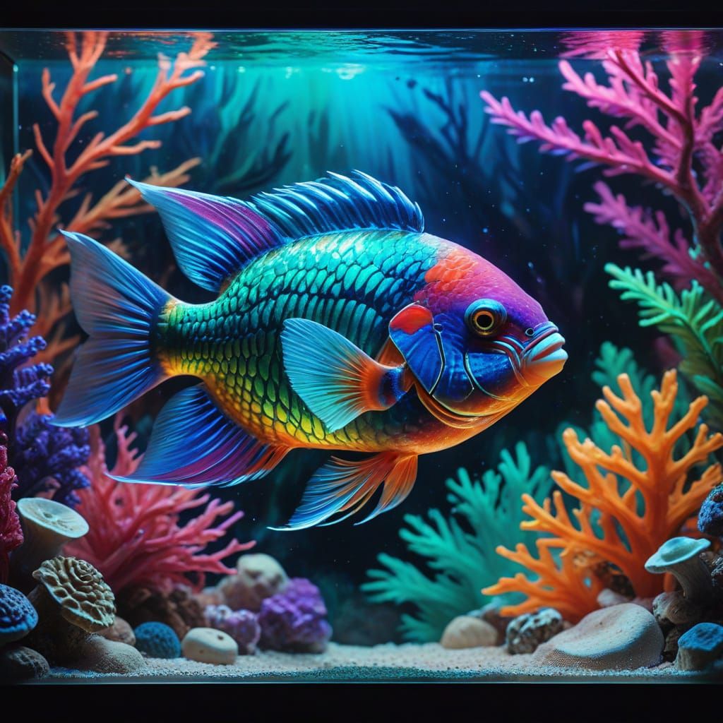 Vibrant Fauvist Aquarium Scene with Parrot Fish