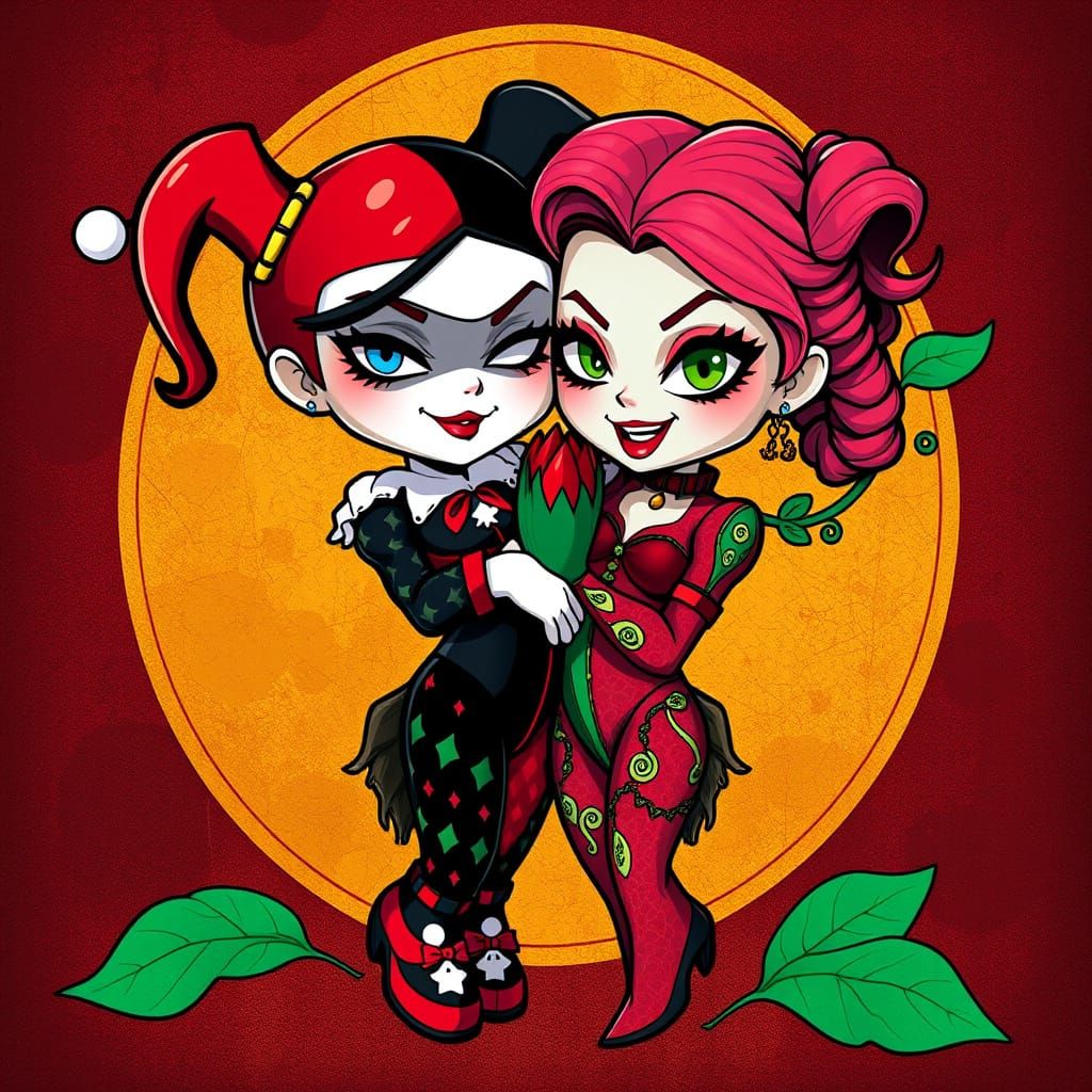 Chibi Harley Quinn and Poison Ivy in Pop Art Style