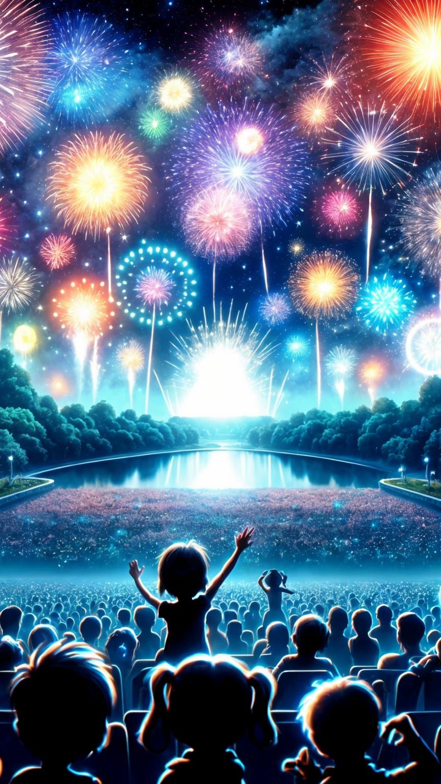 Spectacular Fireworks Display Over Park at Night