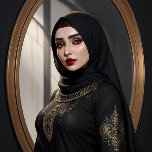 Muslim Girl Applying Red Lipstick in Matte Painting Style