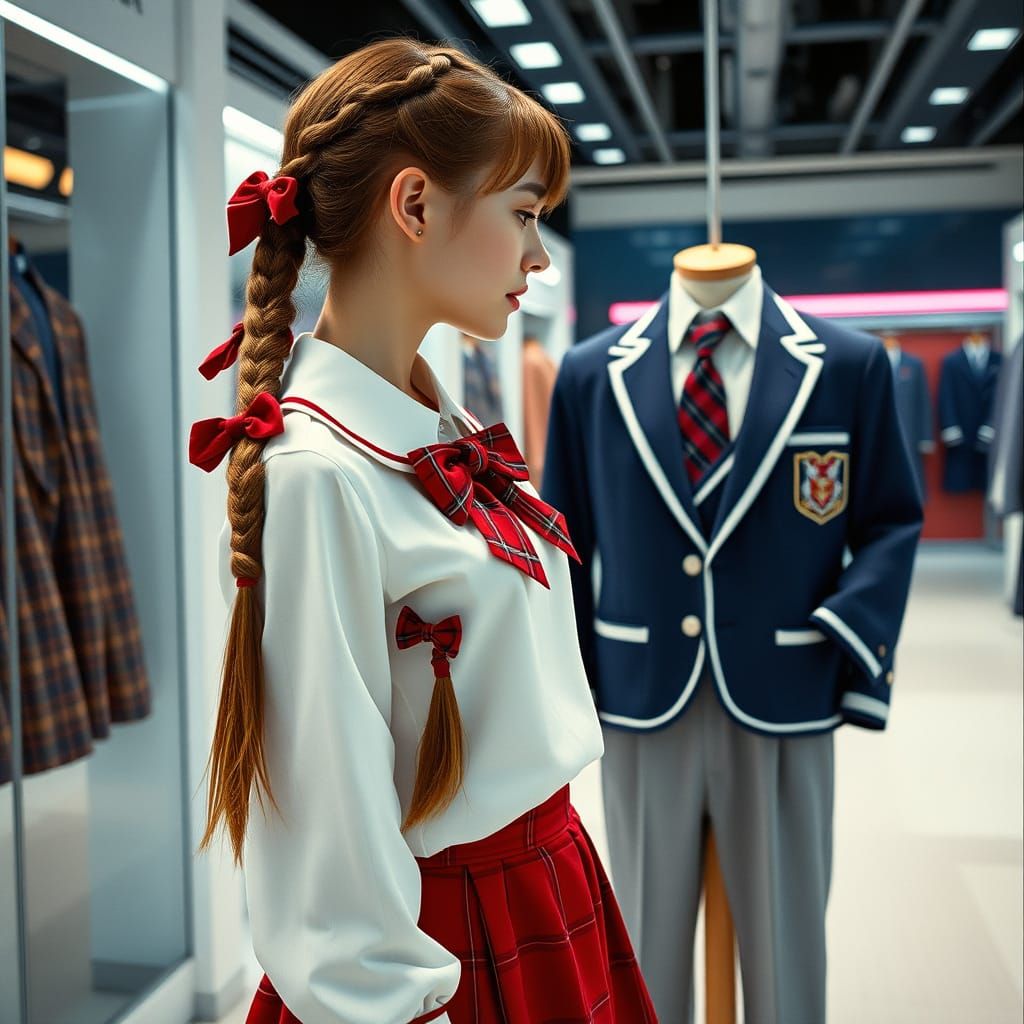 Girl Admires Boy's School Uniform in Futuristic Clothing Sto...