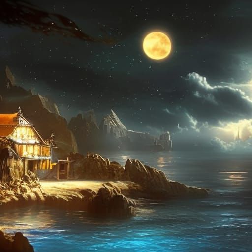 Night Port with Lighthouse in Detailed Matte Painting