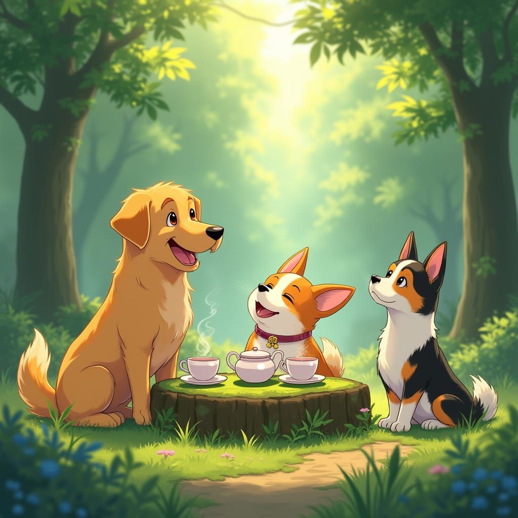 Dogs Enjoy Tea Party in Sunlit Forest, Anime Style