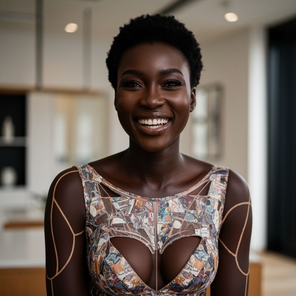 Smiling Woman in Abstract Clothing, Photorealistic Style