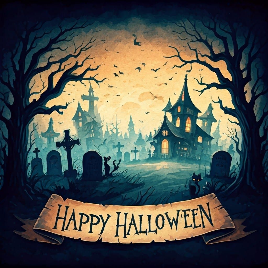 Vintage Watercolor Halloween Banner with Cemetery