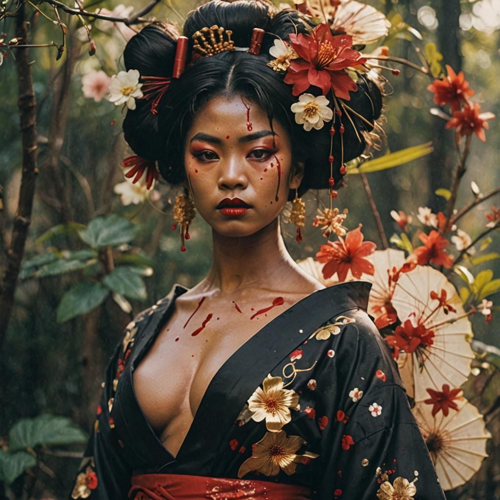 Gorgeous Geisha with Bloody Flowers: Cinematic Portrait