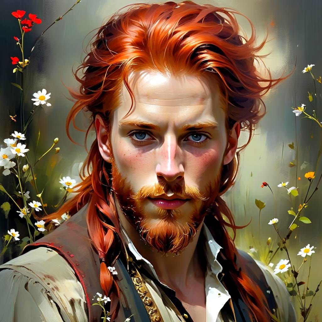 Mischievous Red-Haired Man with Flowers in Beard
