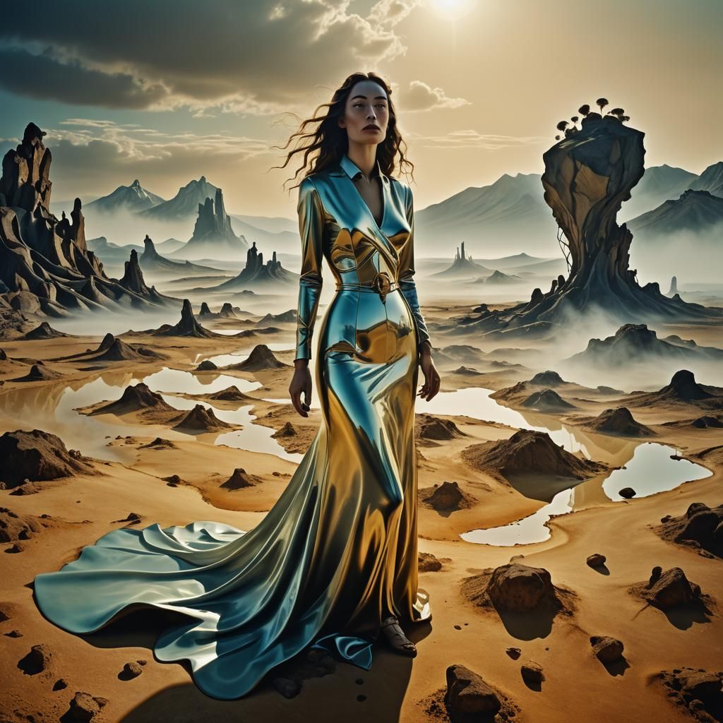 Surreal Melting Woman in Dreamlike Landscape