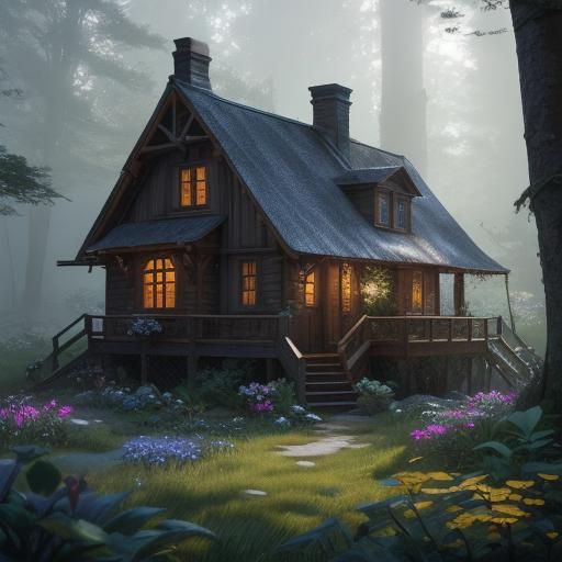 Cozy Cottage in Forest Clearing, Detailed Matte Painting