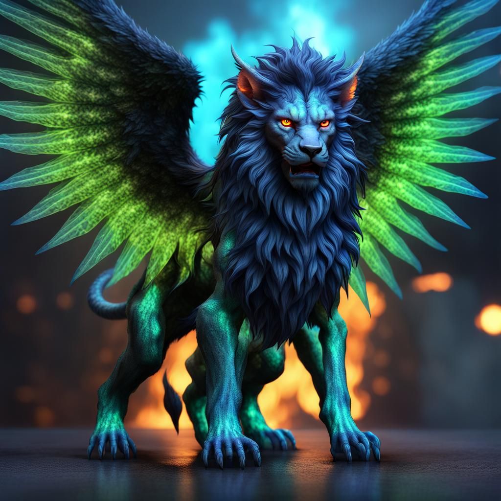 Winged Lion Demon with Glowing Wings, Digital Art