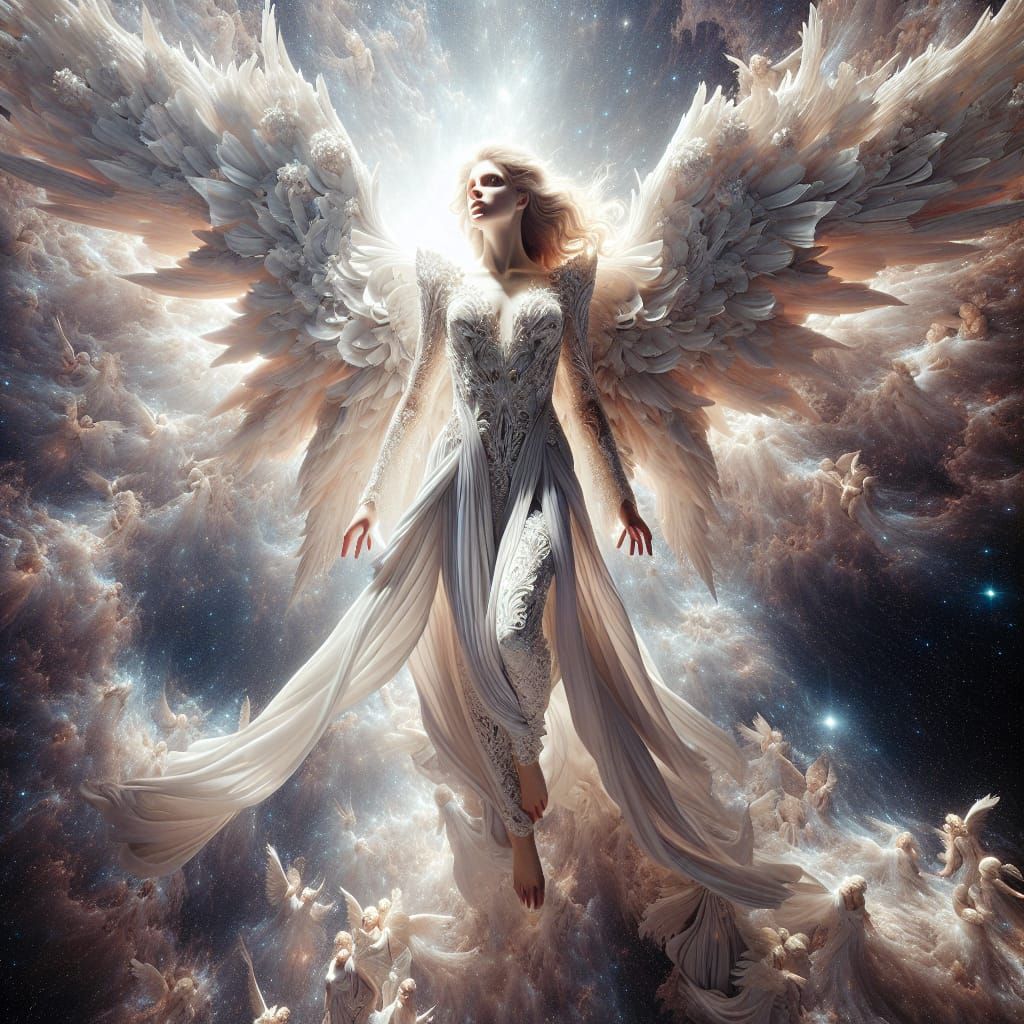 Blonde Angel Ascending into Starry Cosmos: Hyperrealistic