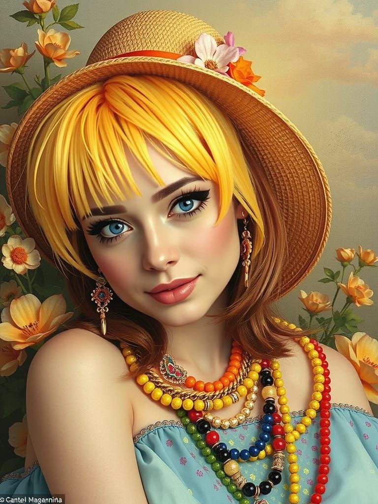 A vibrant woman with bright yellow and orange hair and pierc...