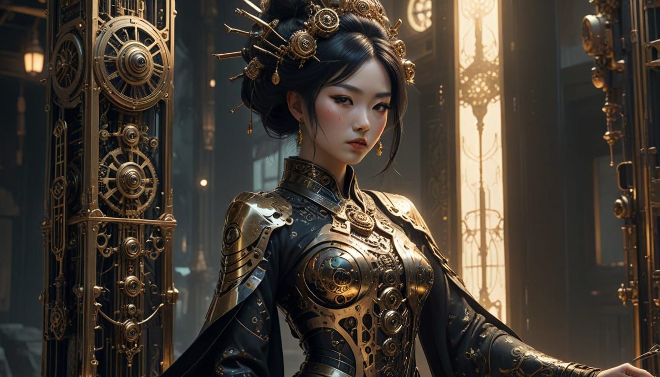Steampunk Geisha Automaton Guarding Obsidian Obelisk