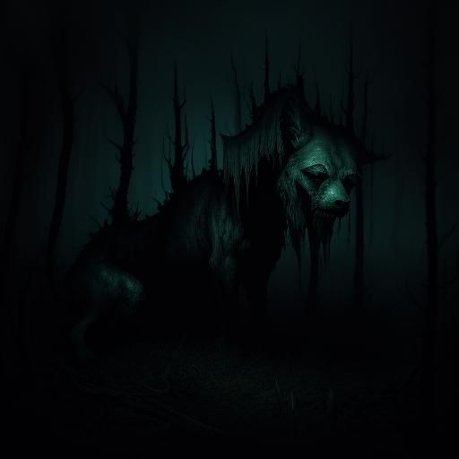 Dead Dog in Misty Forest: Dark Fantasy Illustration