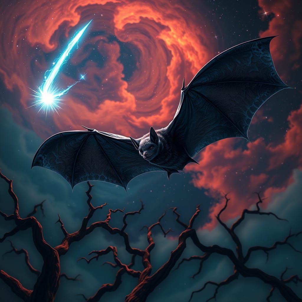 Majestic Bat Chases Radiant Star Through Cosmic Night Sky
