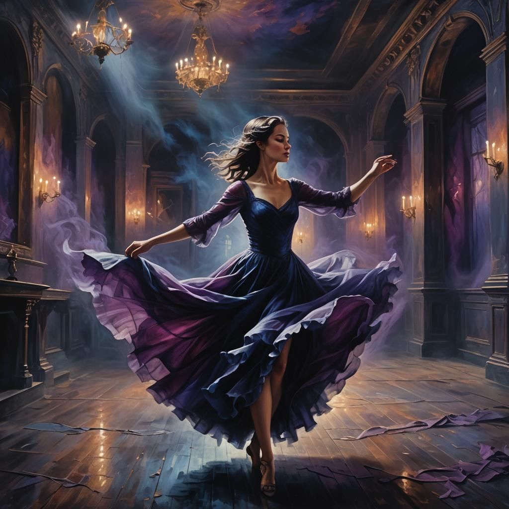 Ethereal Dark Fantasy Ballroom Dance in Oil Painting