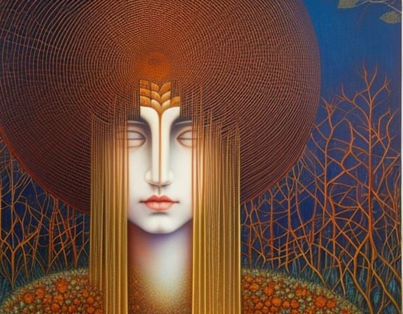 Sunset-Human Hybrid in Glass Forest as Oil Painting