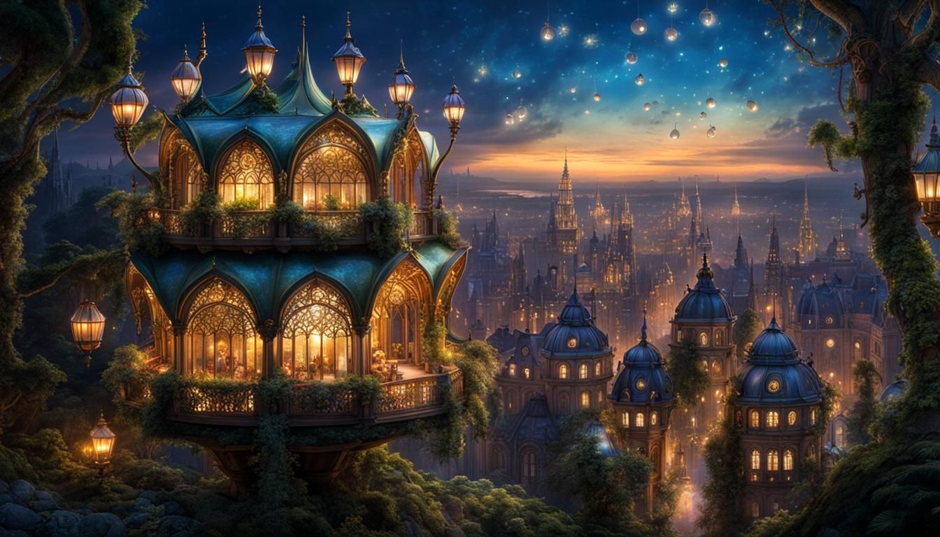 Magical Fairy City at Evening in Rococo Style