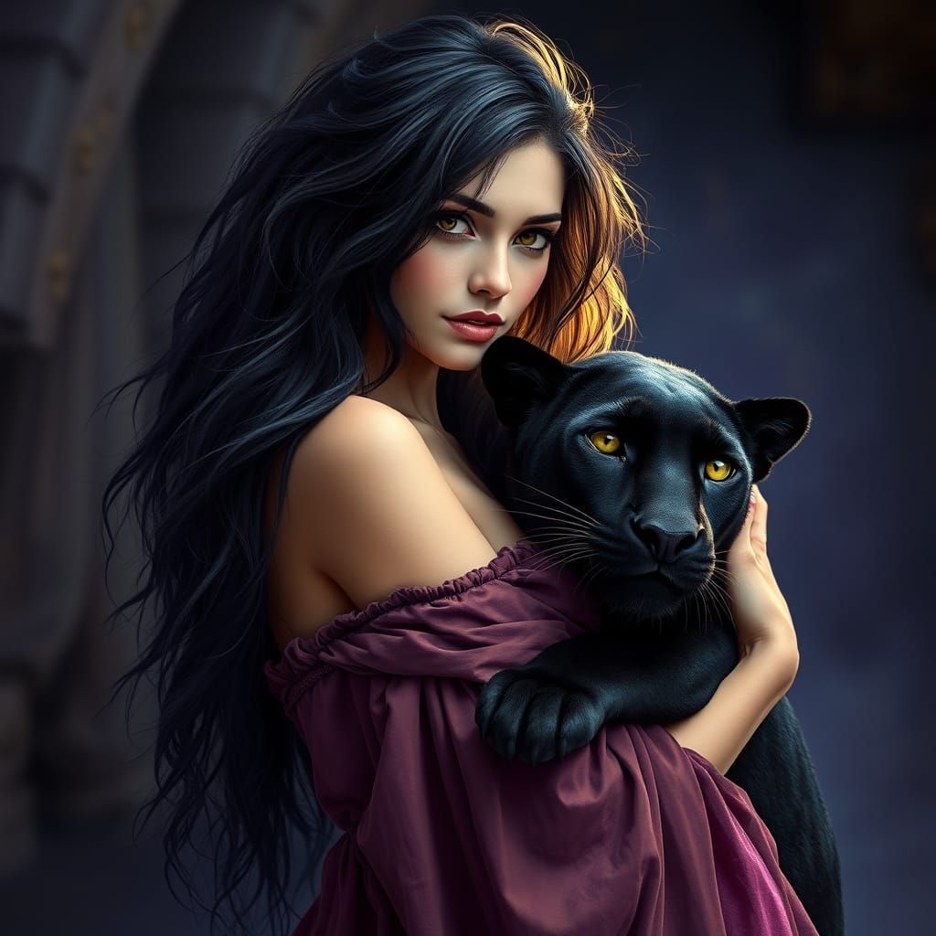 Oil, wet airbrush, a mystical portrait of a stunningly beautiful woman, long messy dark raven hair, clad in a soft flowi...