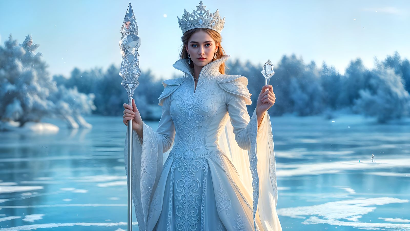 Regal Icy Empress in Glittering Pearl-White Latex Gown