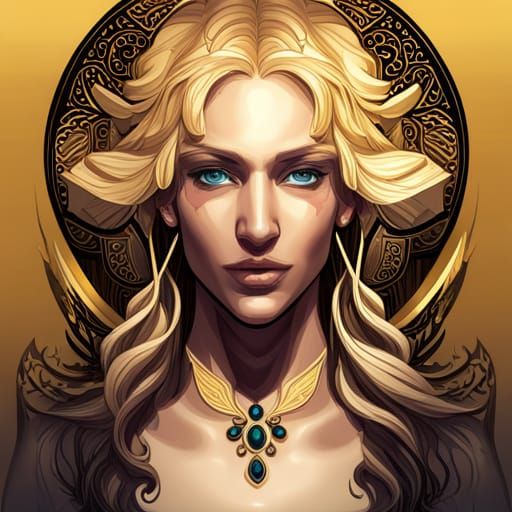 Ornate Gold and Black Cross Portrait in Art Nouveau Style