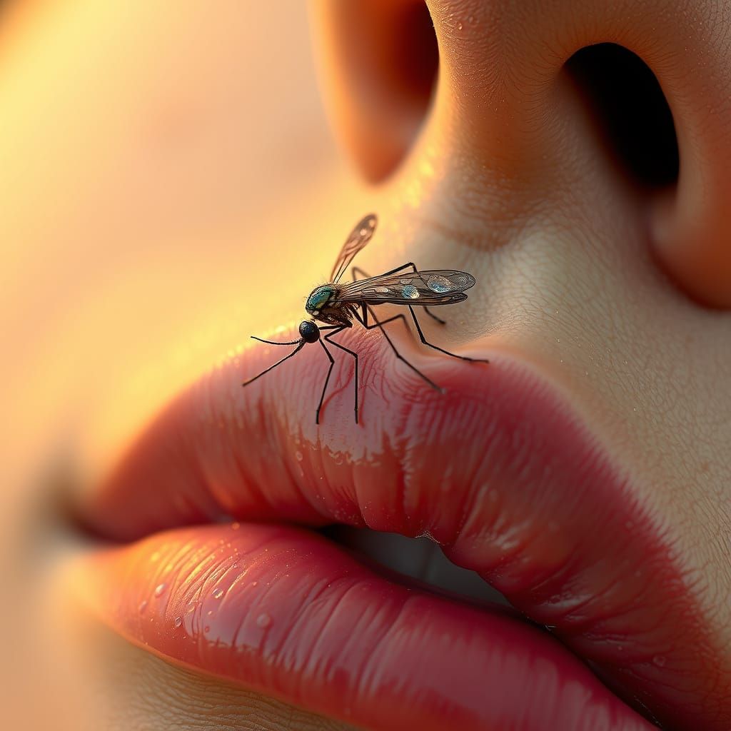 Whimsical Mosquito Sips Serene Woman's Lip