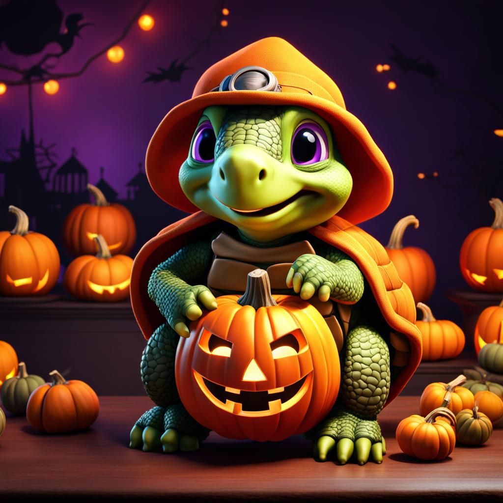 Turtle Carving Pumpkin in Halloween Costume, 3D Art