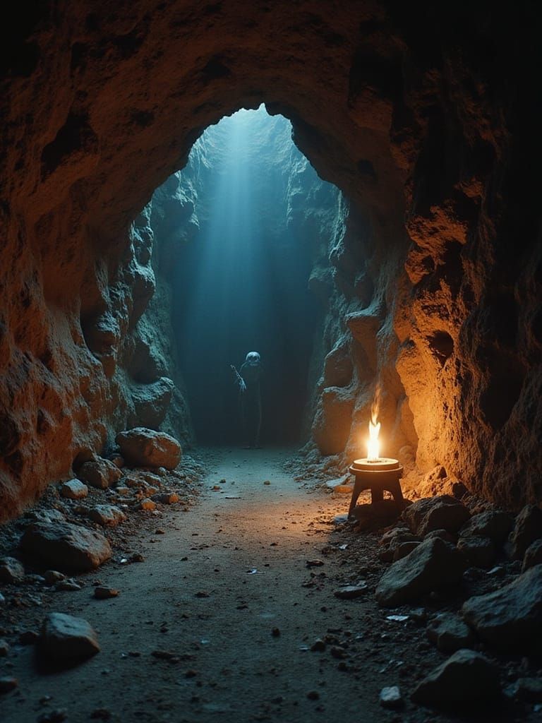 Eerie Cave Scene in Cinematic Film Style