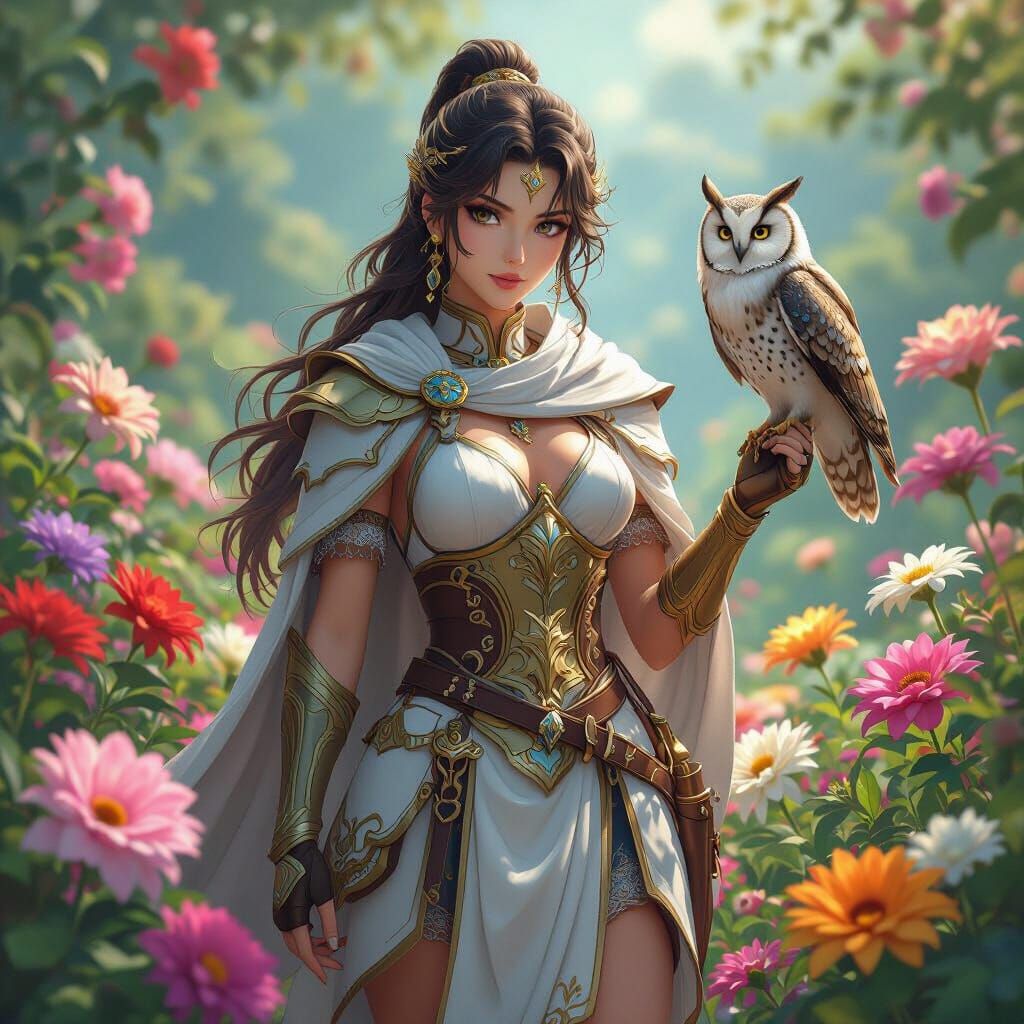 Athena in Anime Style with Owl and Flowers