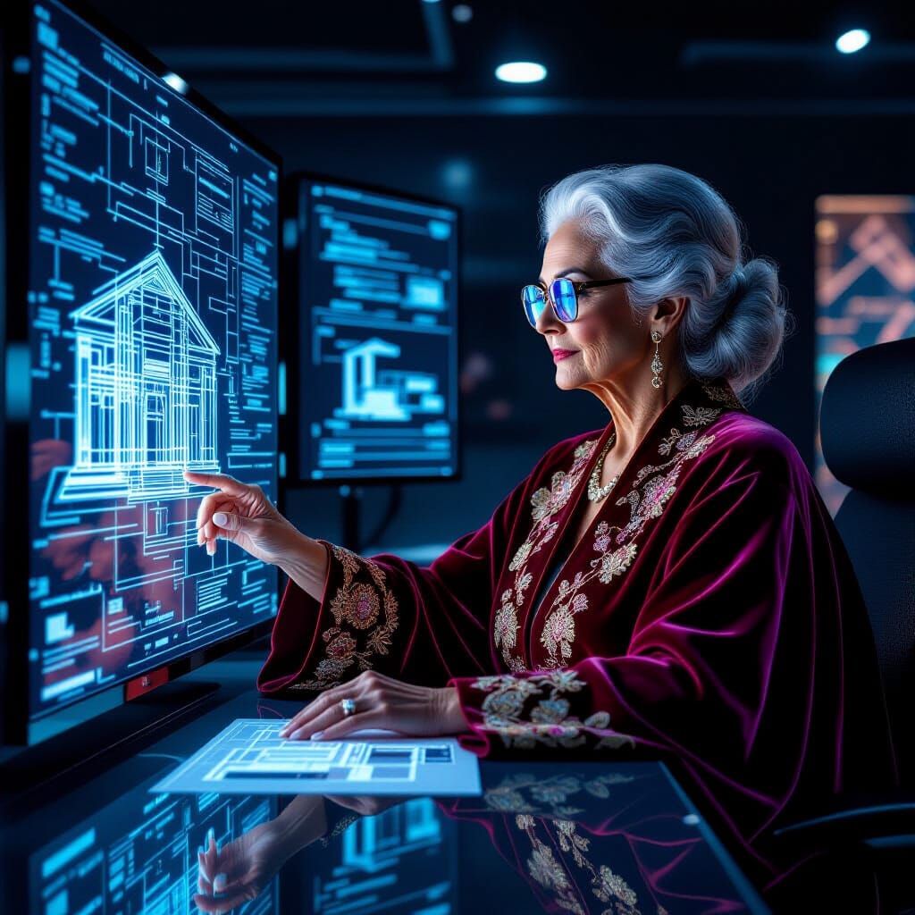 Elderly Woman in Velvet Robe in High-Tech Studio