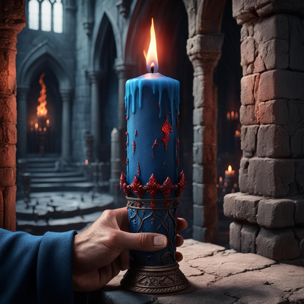 Aged Hand Holds Blue Candle in Castle