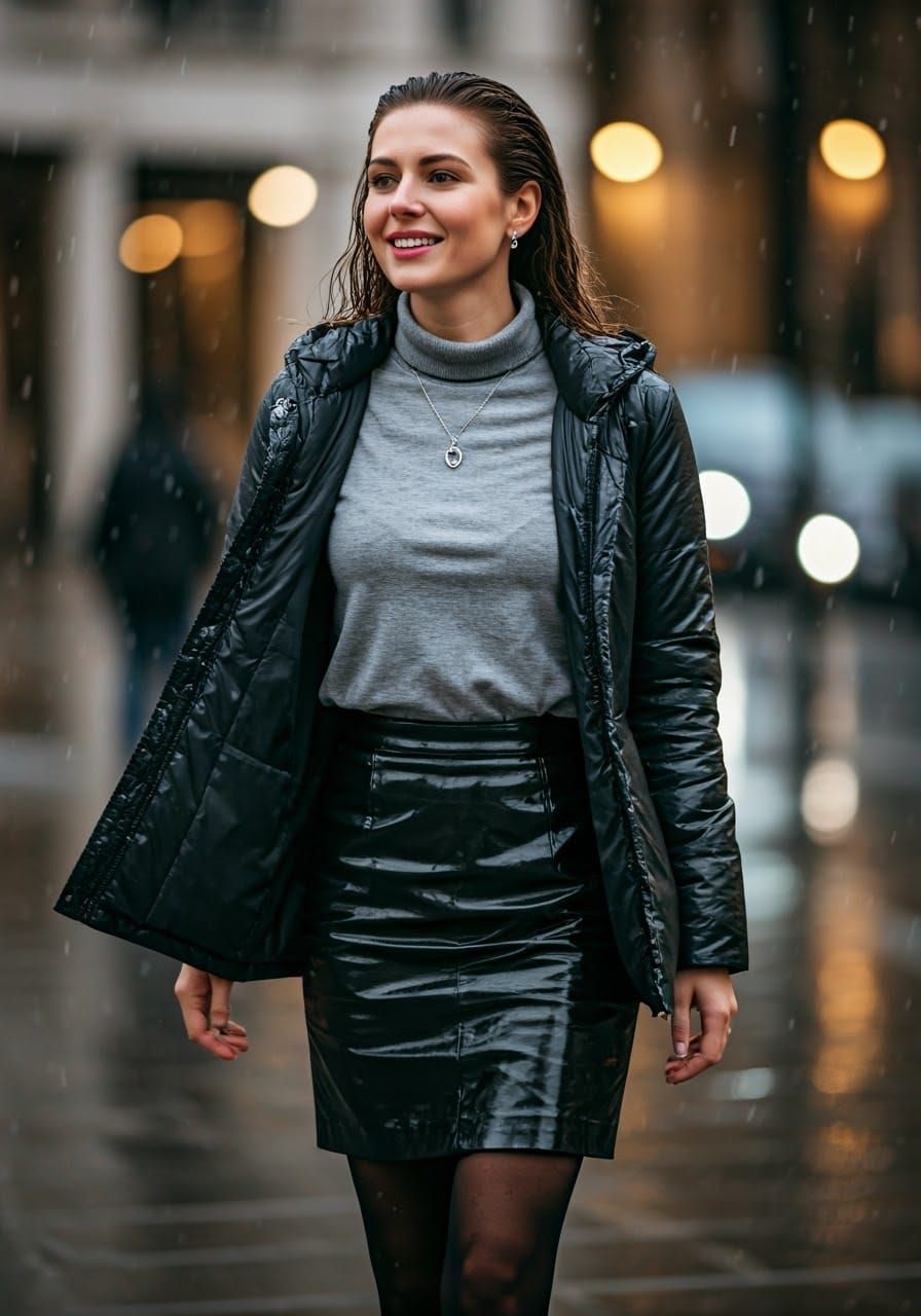 London Office Woman Walks Through Rainy Streets
