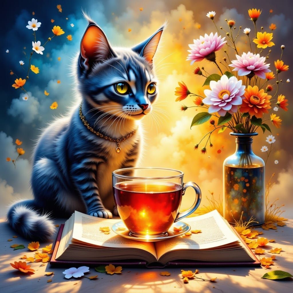 a morning cup of tea, an open book, and a cat