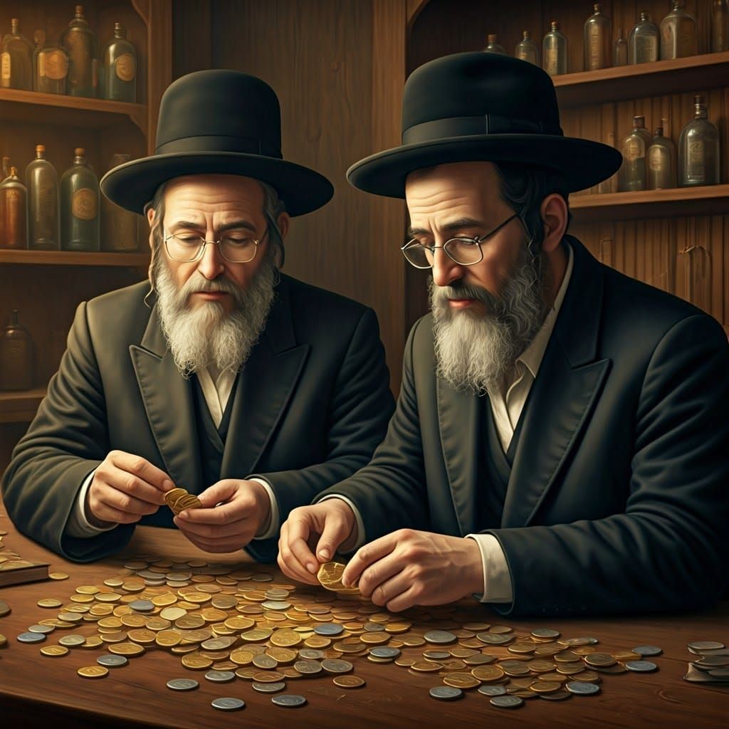 Two Hasidic men in a shtetl shop, meticulously counting gold and silver coins.